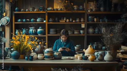 Woman browsing through ceramic wares in a shop.