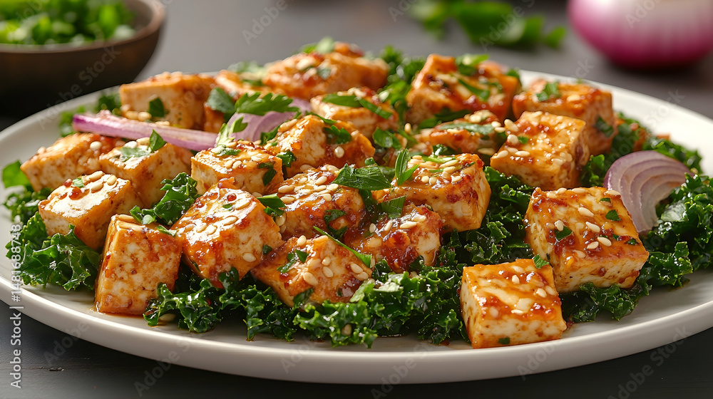 Pan-fried tofu cubes glazed in sesame sauce, served atop a bed of massaged kale and garnished with red onion and cilantro Pan-fried tofu cubes glazed in sesame sauce, served atop a bed of massaged kale and garnished with red onion and cilantro