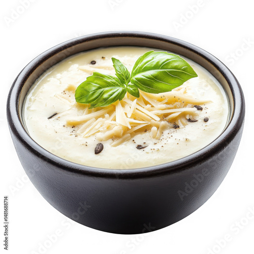 creamy soup in black dish  