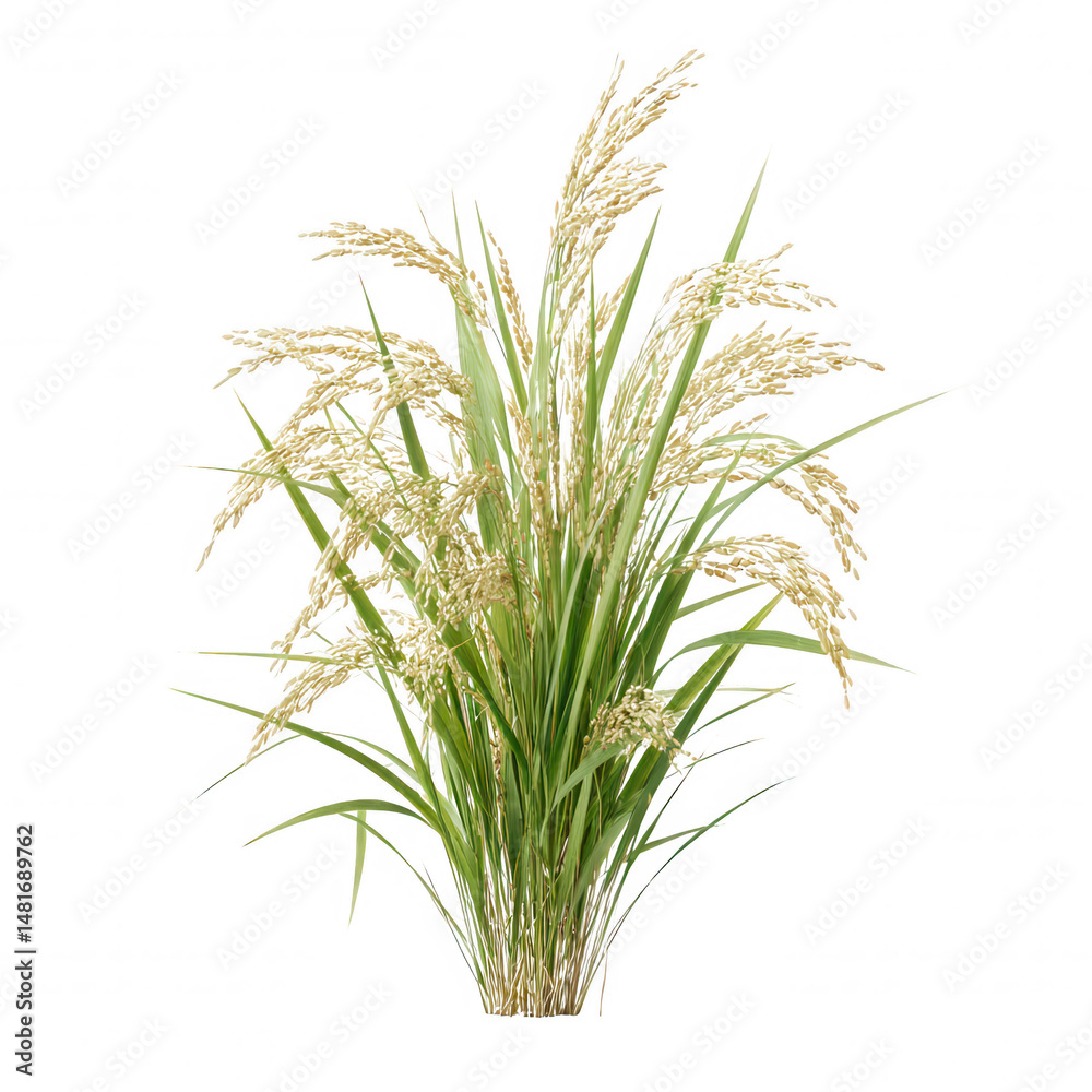 Obraz premium A vibrant bunch of cultivated wild rice stalks with long green leaves and golden grains is isolated on a bright white background, showcasing natural beauty.