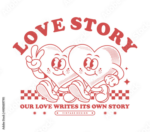 Retro heart cartoon character in line art style. Perfect for Valentine’s Day, t shirt designs, posters, and stickers. Hand drawn vector illustration with vintage and nostalgic vibes