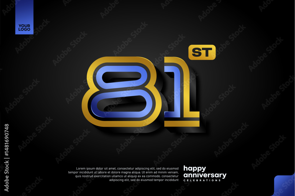 Naklejka premium Sleek 3D Number 81 Design in Blue and Gold for Modern Anniversary Celebration on Dark Background