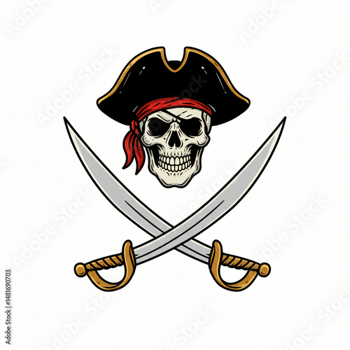 Pirate Skull Wearing Hat and Swords Crossed Cartoon Illustration