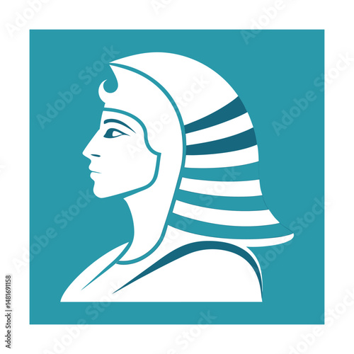 Silhouette of an ancient egyptian pharaoh with royal headdress in a teal square