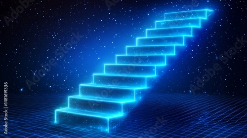 Glowing staircase on dark digital background: a concept of achievement progress and futuristic design with grid pattern perfect for website headers
