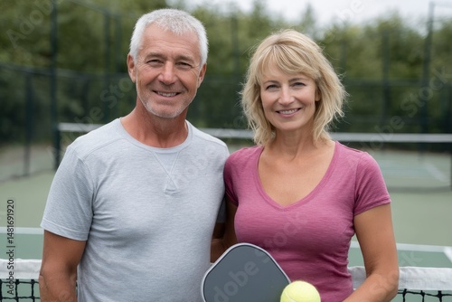 Mature Couple Posing on Pickleball Court After Game