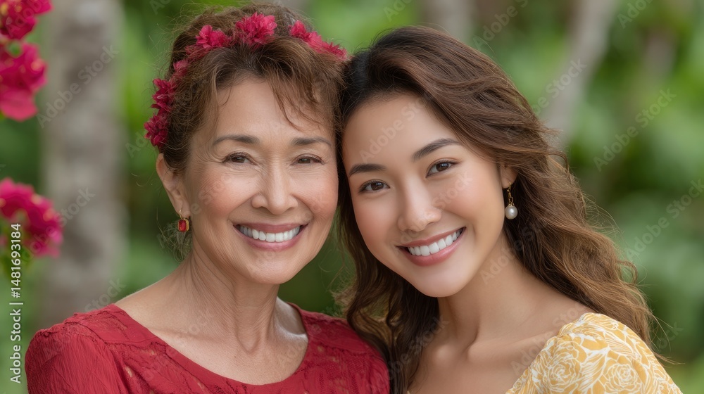 Obraz premium Smiling Mother and Daughter Portrait in Garden Setting