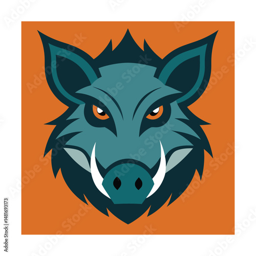 Stylized illustration of a wild boar head with sharp tusks and fierce expression on orange background