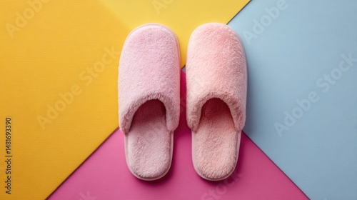 Pair of soft pink slippers on colorful background (1)