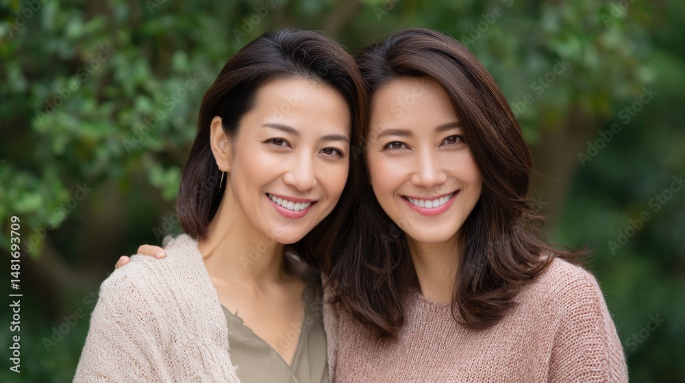 Obraz premium Two Smiling Women Posing Outdoors in a Friendly Embrace