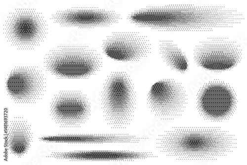 Circle drop shadows set with bitmap effect isolated on white background. Soft gradient shapes with pixel noise. Vector dither gradation Y2K retro elements.