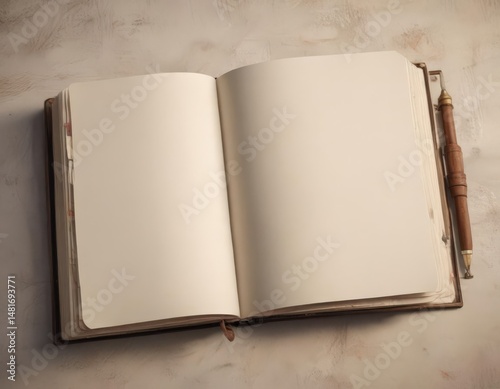 Open vertical photo album with blank pages, nostalgic feel , open, white