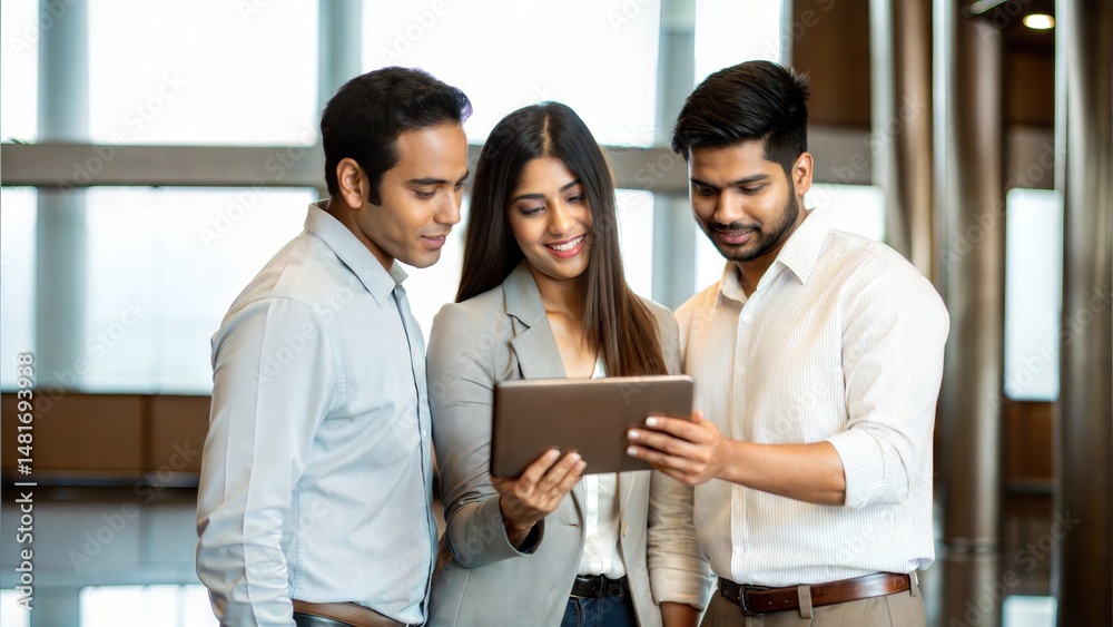 Businesspeople Standing with Digital Tablet in Contemporary Lobby Setting
Businesspeople Standing with Digital Tablet in Contemporary Lobby Setting