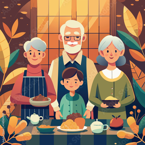 Vector illustration of grandparents and grandson preparing food