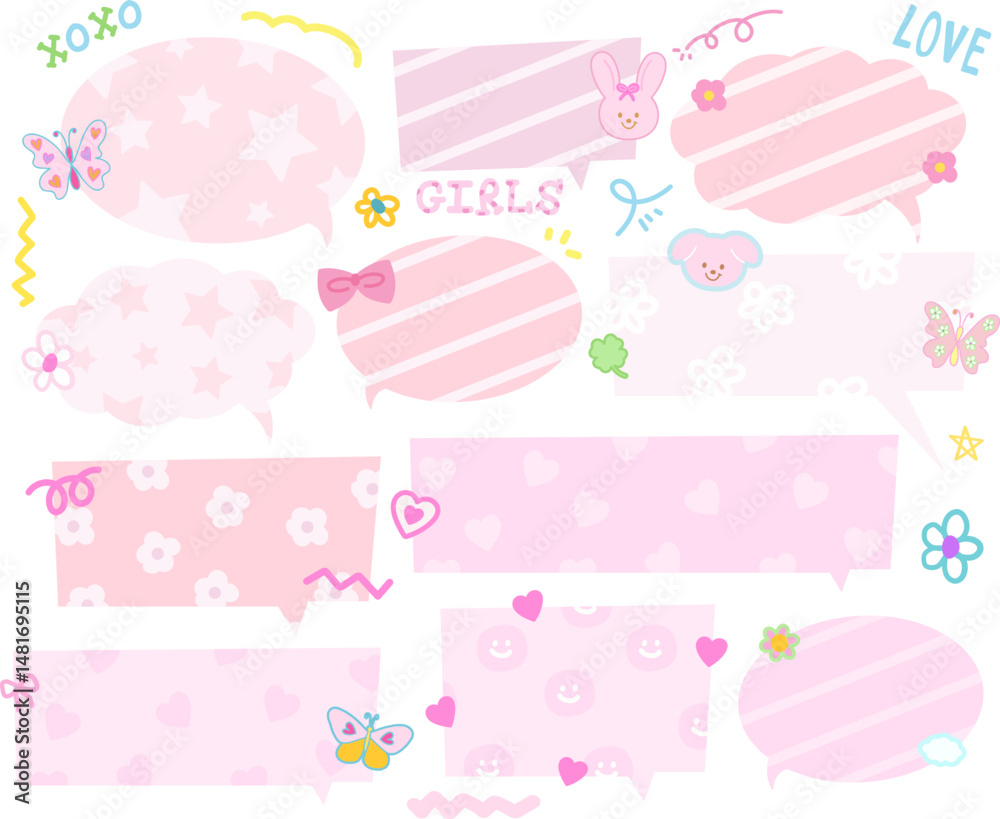 Pink illustrations of text bubbles, butterfly, flowers, ribbon, puppy, bunny for graphic resources, dialogue, speech, comic, animals, zoo, souvenir shop, Valentine, cartoon, cute pink elements, icon
Pink illustrations of text bubbles, butterfly, flowers, ribbon, puppy, bunny for graphic resources, dialogue, speech, comic, animals, zoo, souvenir shop, Valentine, cartoon, cute pink elements, icon