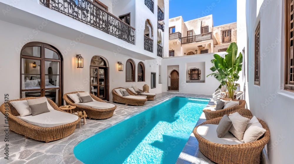 Fototapeta premium Sunlit Courtyard with Turquoise Pool and Wicker Lounge Chairs