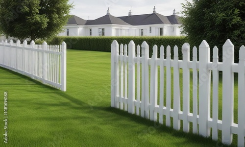 Symmetrical white fence with neatly trimmed green lawn, isolated, picket fence, well-kept garden
