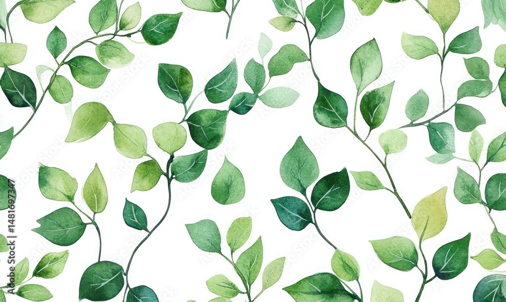 Fototapeta premium Watercolor greenery pattern with eucalyptus leaves on white background seamless texture
