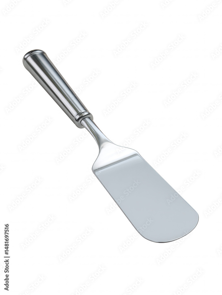 Fototapeta premium A shiny stainless steel spatula with a long handle is displayed on a clean white background in a vertical studio shot showcasing kitchenware and culinary utensils.