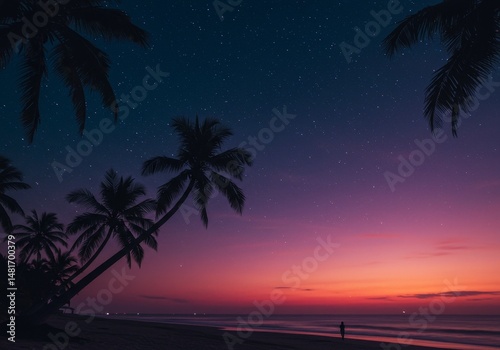 Illustration: Palm Trees Beach Ocean Pink And Purple Sunset Starry Night Sky