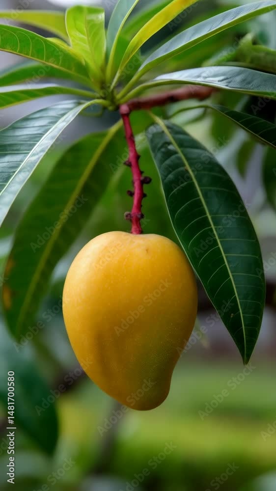 Close up of ripe yellow mango hanging from tree branch with green leaves in organic farm against blurred background. Close up of ripe yellow mango hanging from tree branch with green leaves in organic farm against blurred background.