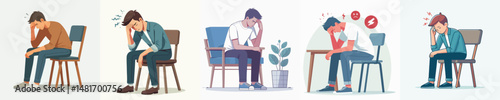 Vector of a man sitting and holding a sore head