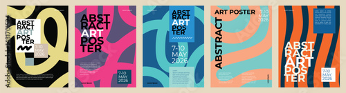 Vibrant set of abstract modern poster templates with bold wavy shapes, striking typography and artistic layouts. Ideal for events, branding, covers, flyers, ads, creative promos, and prints.