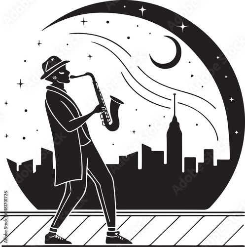 Jazz Musician Playing Saxophone Under Moonlight – Urban Night Scene Silhouette