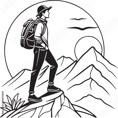 Adventurous Hiker Standing on Mountain Peak with Sunrise – Line Art Illustration