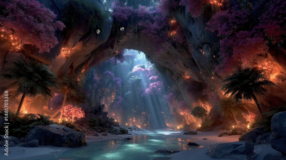 Fototapeta premium Fantasy Underground Temple with Crystal Water and Arched Caverns