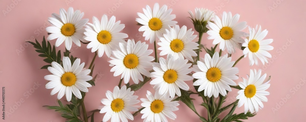 Top view of white daisy blossoms on a light pink background, romantic, aesthetic Top view of white daisy blossoms on a light pink background, romantic, aesthetic