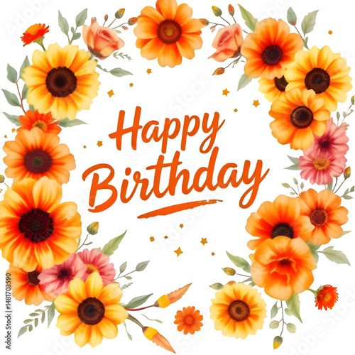 floral happy birthday png on transparent background, marigold wreath design, flower circle clipart, vibrant blooms for celebration cards, birthday diy crafts