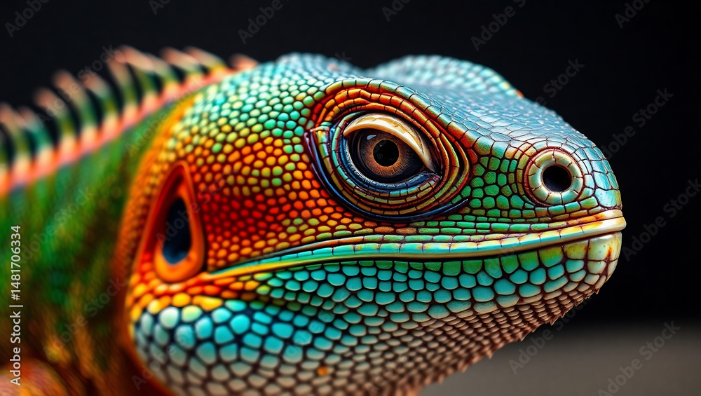Obraz premium Majestic Lizard Face Close-Up – Ultra-Detailed Multicolored Scales with Cinematic Lighting