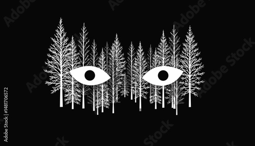 Artistic illustration of trees with abstract eyes on black background