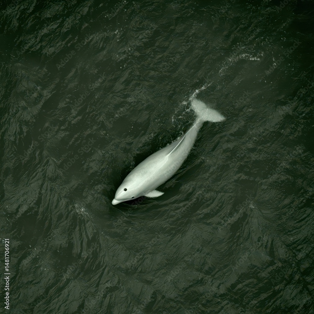 Obraz premium High-angle view of a dolphin swimming in dark water.