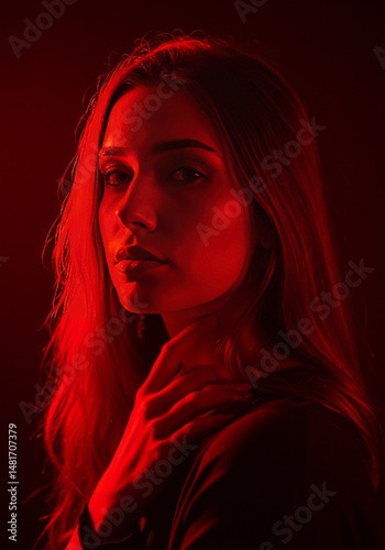 Photo: Portrait of a Woman in Red Light and Shadow