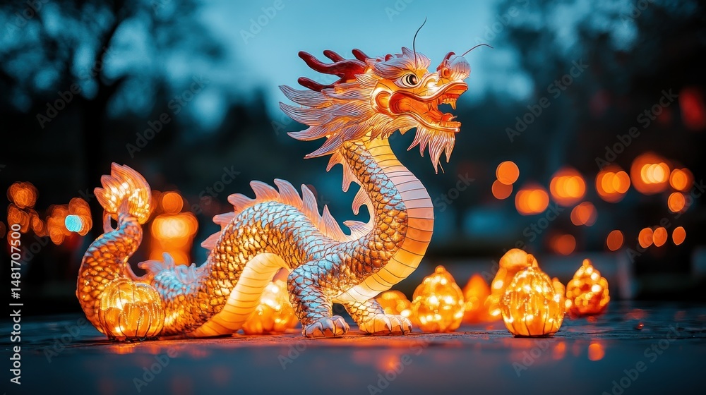 Fototapeta premium Ornate dragon, lit by warm lamps
