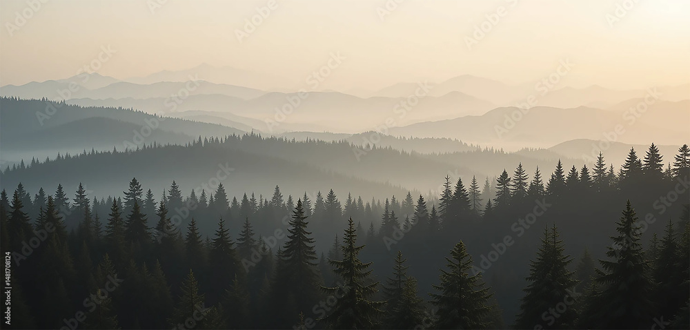 Obraz premium A serene forest scene featuring tall, dark green coniferous trees in the foreground. In the background, misty mountains rise softly against a pale blue sky, partially obscured by fog. The atmosphere i