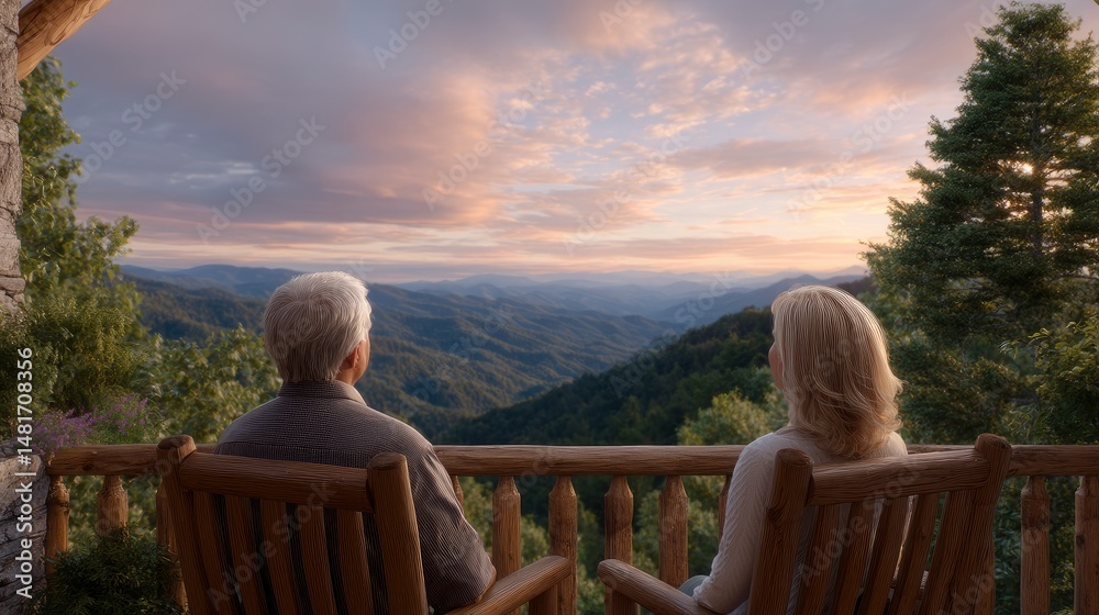 Fototapeta premium Couple Relaxing on Cabin Porch Overlooking Mountain Vista at Sunset