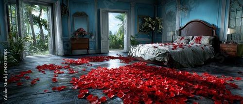 Romantic Tropical Bedroom Scene Scattered Rose Petals on Floor