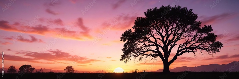 Tree silhouette against a colorful sunrise sky, vibrant, sunrise, glowing