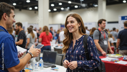 Young entrepreneur networking at summer job fair, professional growth