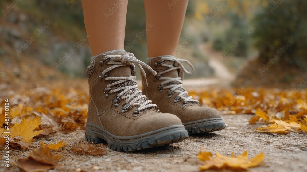 Walking Boots on Trail During Autumn with Fallen Leaves Walking Boots on Trail During Autumn with Fallen Leaves