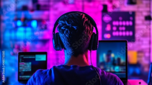 Online learning in a neon dorm room: college student with headphones attending virtual class modern education technology and vibrant background for digital lifestyle 