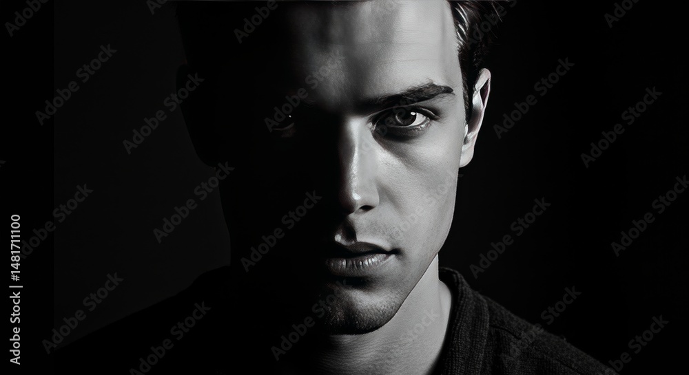 Obraz premium Photo Dramatic Portrait Man in Shadowy Black and White