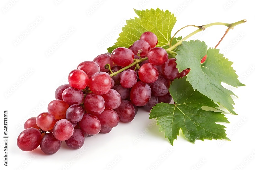 Fototapeta premium Grapes with leaf detail on white – healthy fruit photography