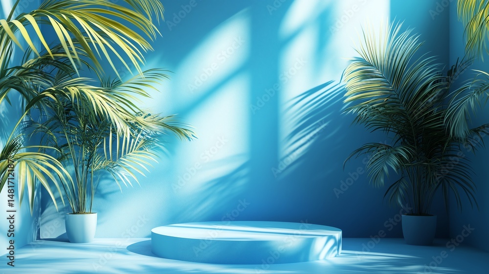 Fototapeta premium Summer ambiance gradient blue studio with palm leaf shadows and 3D copy space