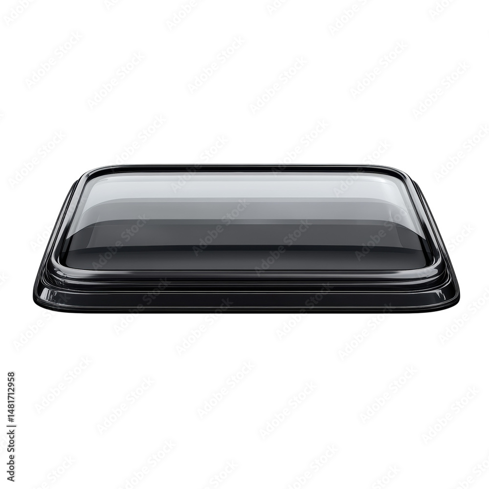 Sleek modern rectangular container lid resting reflecting light an empty on transparent background Sleek modern rectangular container lid resting reflecting light an empty on transparent background