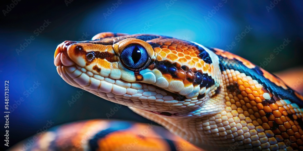 Fototapeta premium Stunning Ball Python Portrait: Blue Eyes, Orange Spotted Scales, Colorful Snake Photography