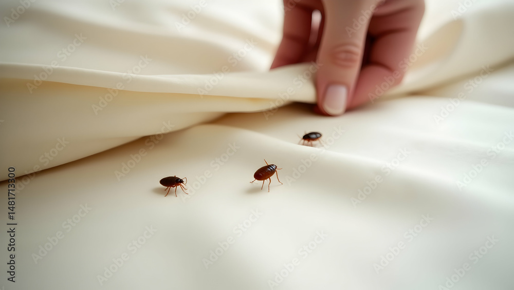 Obraz premium Close-up of bed bugs crawling on a clean white sheet with a hand lifting the fabric, conceptual image for pest control or hygiene issues in a residential setting